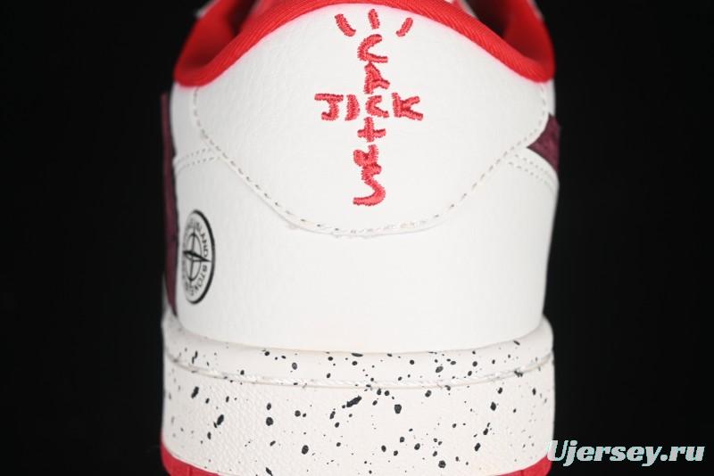 Nike Travis Scott x Fragment Design x Air Jordan 1 Low OG SP AJ1 Stone Island Collaboration Pomegranate Red Low-Top Casual Sneakers - CF3688-077