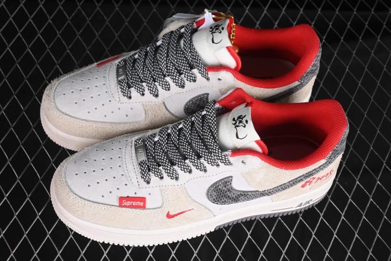 Nike Air Force 1 '07 Low Supreme Collaboration Grey Snake Scale Low-Top Casual Sneakers - DM6688-010