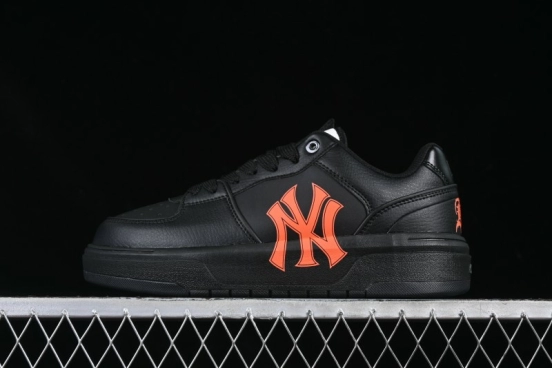 NY Yankees Black Leather Sneakers – Bold Orange Logo Edition