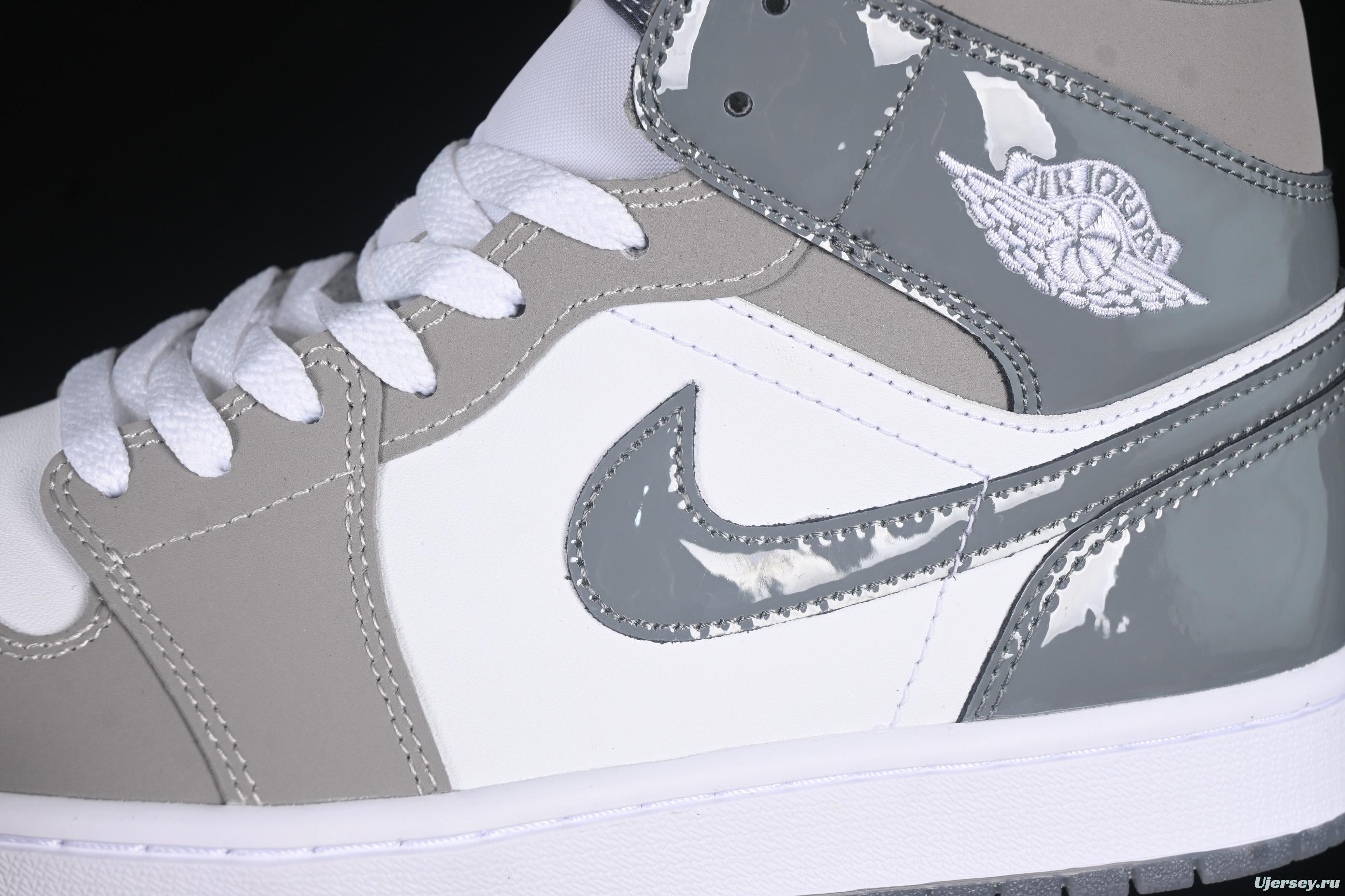 Nike Air Jordan 1 Mid Basketball Shoes in White Grey Patent Leather - HF3216-100