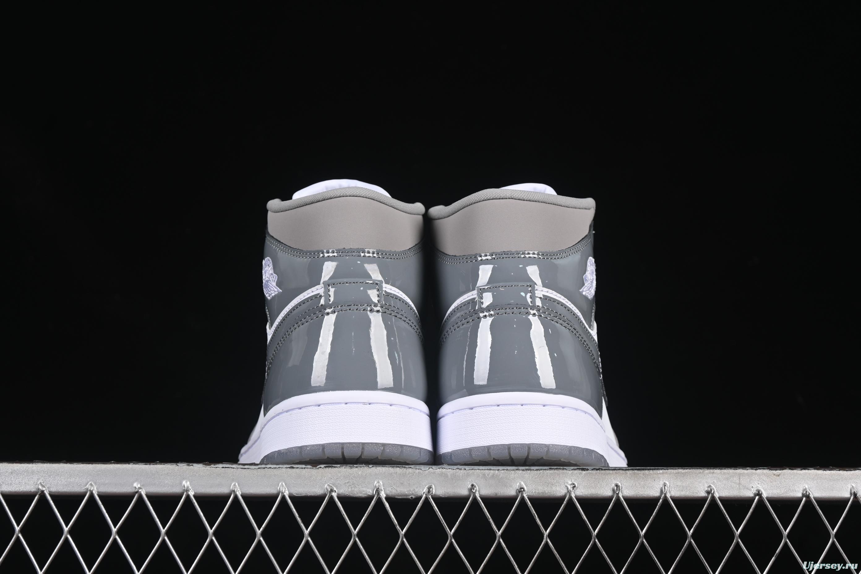 Nike Air Jordan 1 Mid Basketball Shoes in White Grey Patent Leather - HF3216-100