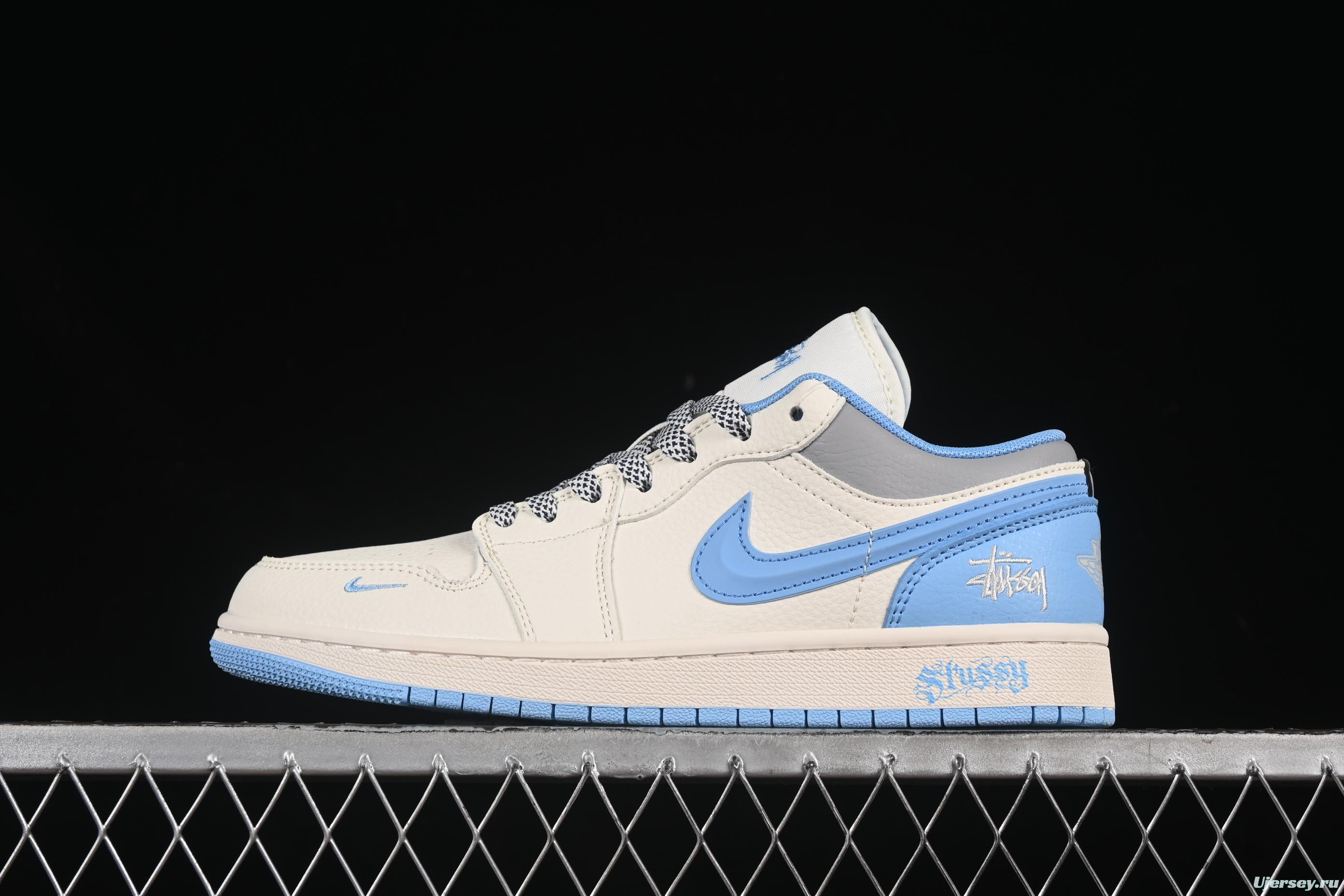 Nike Air Jordan 1 Low Stussy Collaboration White Blue 3D Swoosh High-End Custom Retro Basketball Shoes - XS6086-559