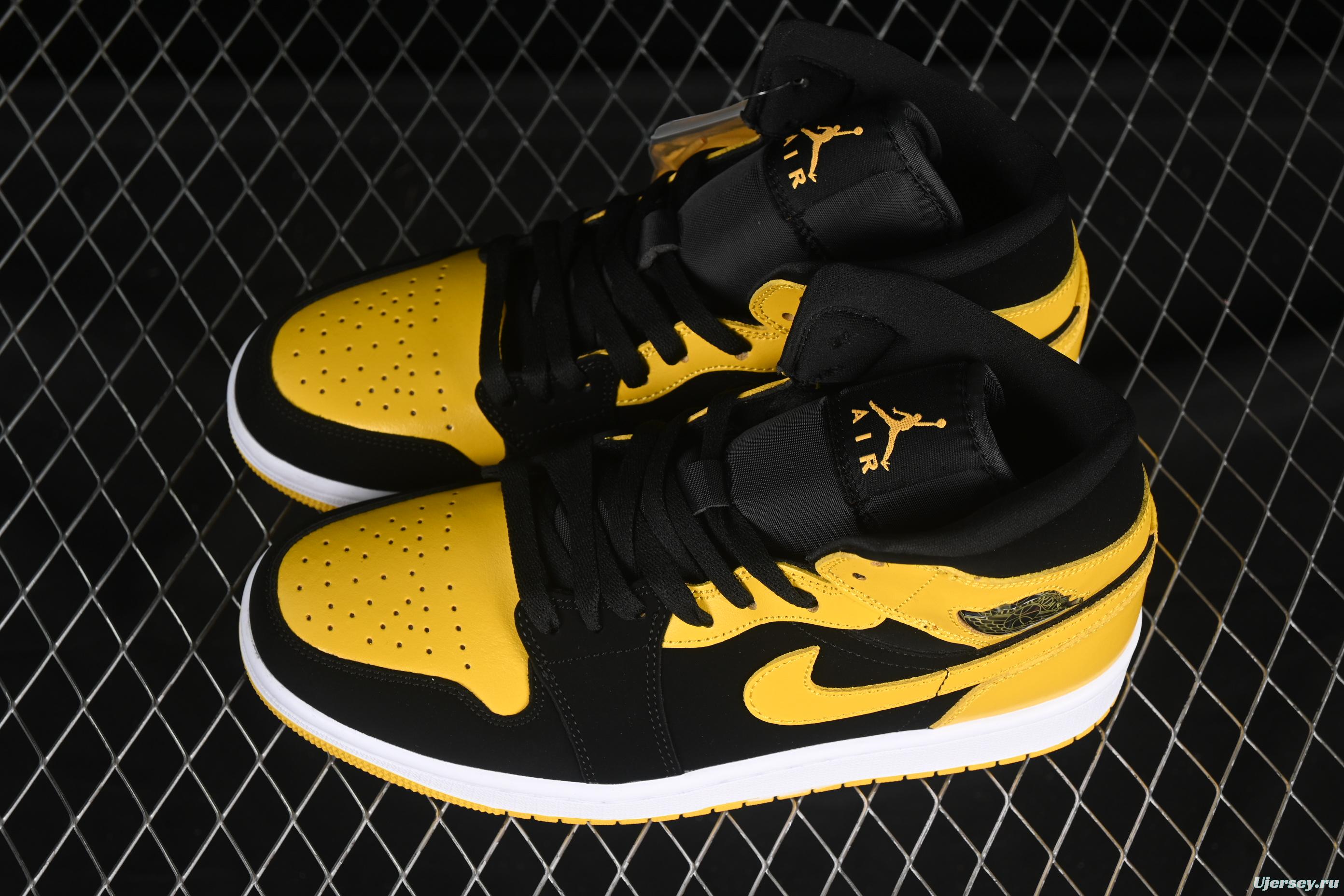 Nike Air Jordan 1 Mid AJ1 Black Yellow Mid-Top Casual Sneakers - HJ6654-071