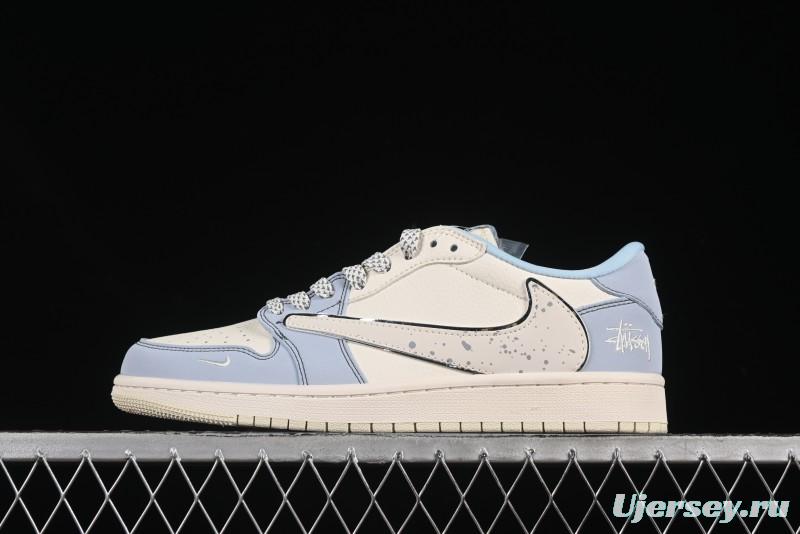 Nike Travis Scott x Fragment Design x Air Jordan 1 Low OG SP AJ1 Retro Sneakers with Blue Splatter Design - ZH2598-249