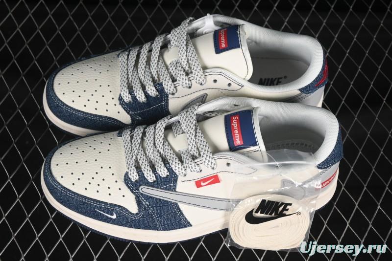 Nike Travis Scott x Fragment Design x Air Jordan 1 Low OG SP AJ1 Supreme Collaboration Grey Blue Denim Low-Top Casual Sneakers - JJ2508-565