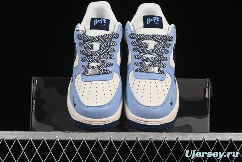 Nike Air Force 1 '07 Low Bape Collaboration Light Blue Swoosh Casual Sneakers - XS1958-554