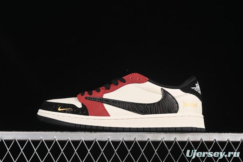 Nike Travis Scott x Fragment Design x Air Jordan 1 Low OG SP AJ1 FOG Collaboration Patchwork Burgundy Low-Top Casual Sneakers - LD2025-012