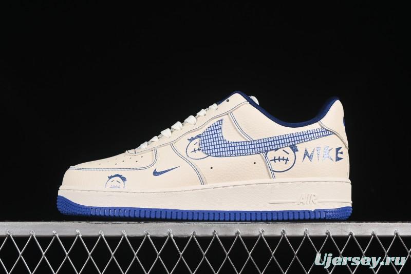 Nike Air Force 1'07 Low Casual Sneakers with Blue Line Ghost Face Design - DF0188-053