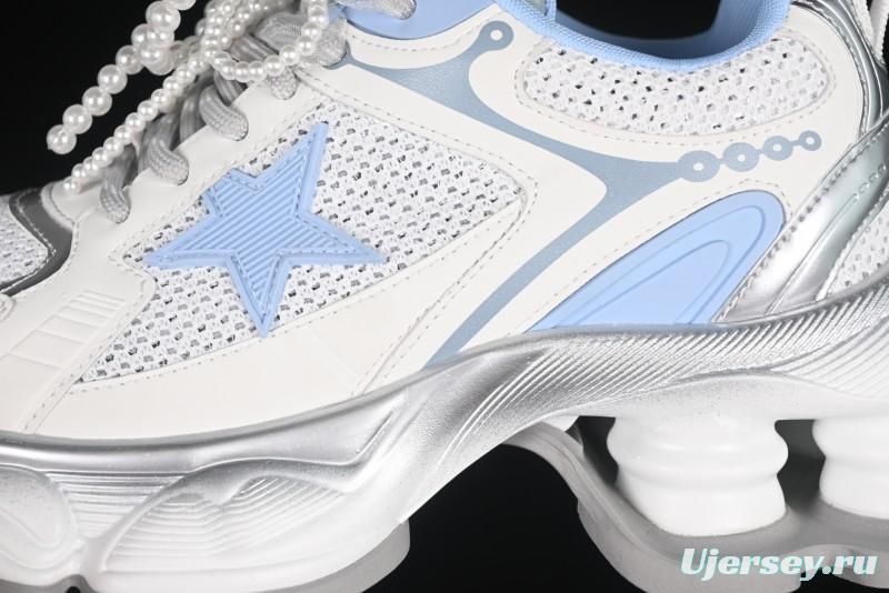 GG-CC Star Same Style Lace-Up Hollow Out Dad Shoes with 5cm Hidden Height Increase - G25X269 White Blue
