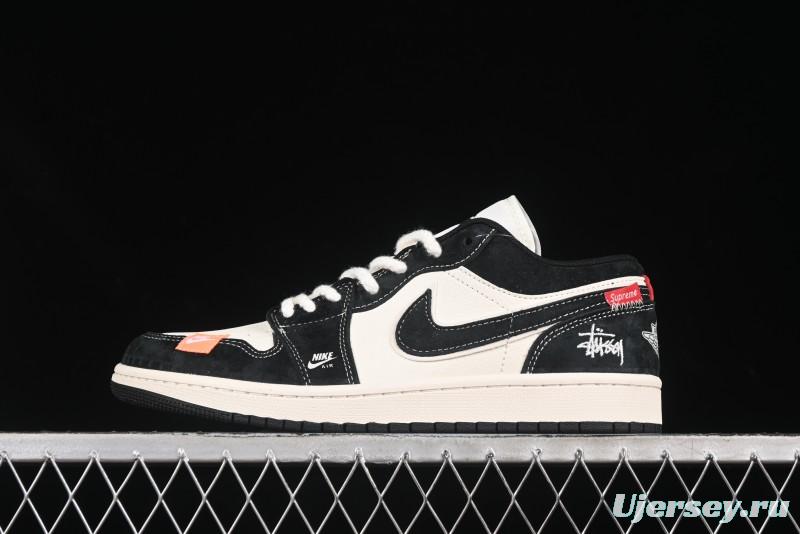 Nike Air Jordan 1 Low Stussy Collaboration Retro Basketball Shoes in Beige Black Yellow - YX5066-302