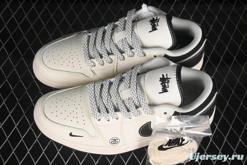 Nike Air Jordan 1 Low AJ1 Stussy Beige Black Canvas Custom High-End Retro Basketball Shoes - XS6086-561