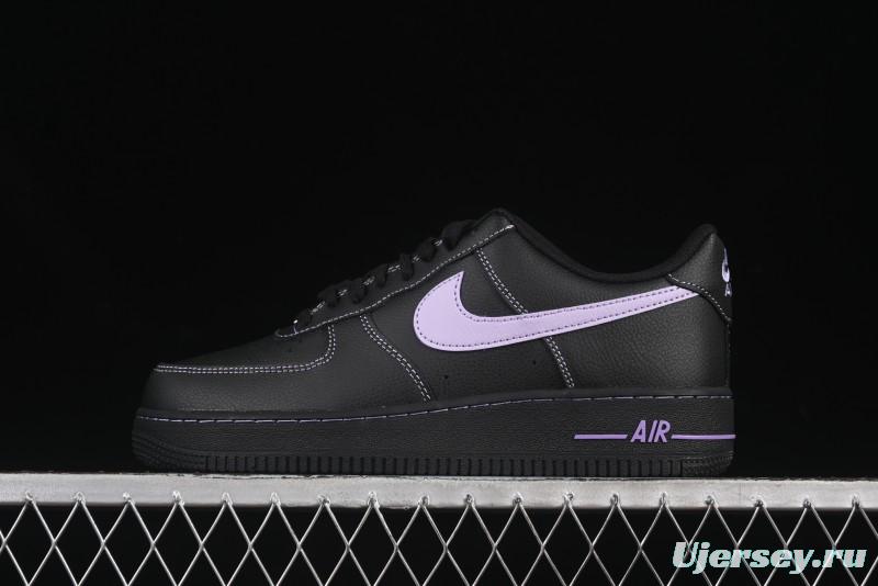 Nike Air Force 1'07 Low Casual Sneakers in Black with Purple Swoosh - HQ2037-001