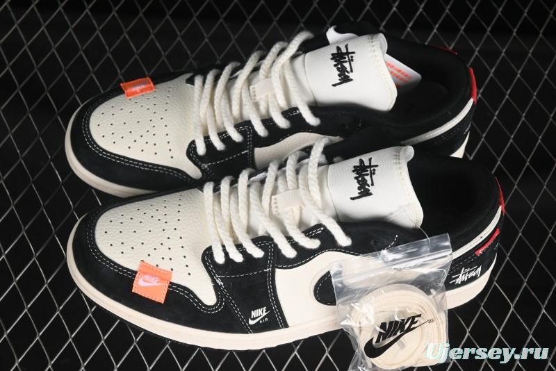 Nike Air Jordan 1 Low Stussy Collaboration Retro Basketball Shoes in Beige Black Yellow - YX5066-302