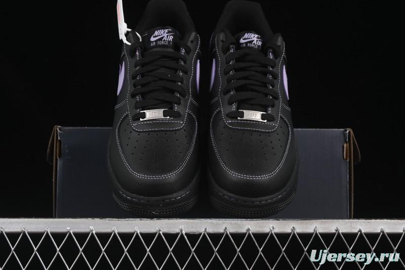 Nike Air Force 1'07 Low Casual Sneakers in Black with Purple Swoosh - HQ2037-001