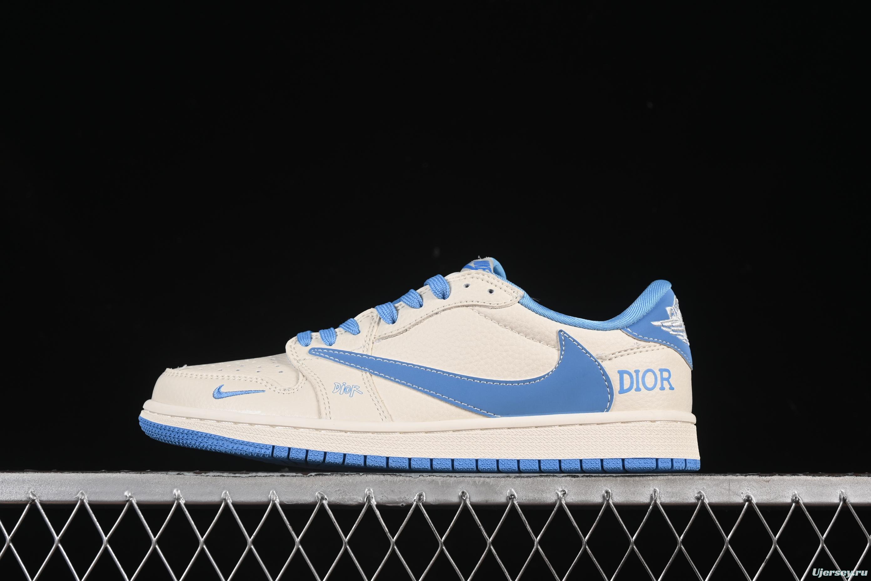 Nike Travis Scott x Fragment Design x Air Jordan 1 Low OG SP AJ1 Collaboration Sneakers in Sky Blue and Off-White - LD2025-028