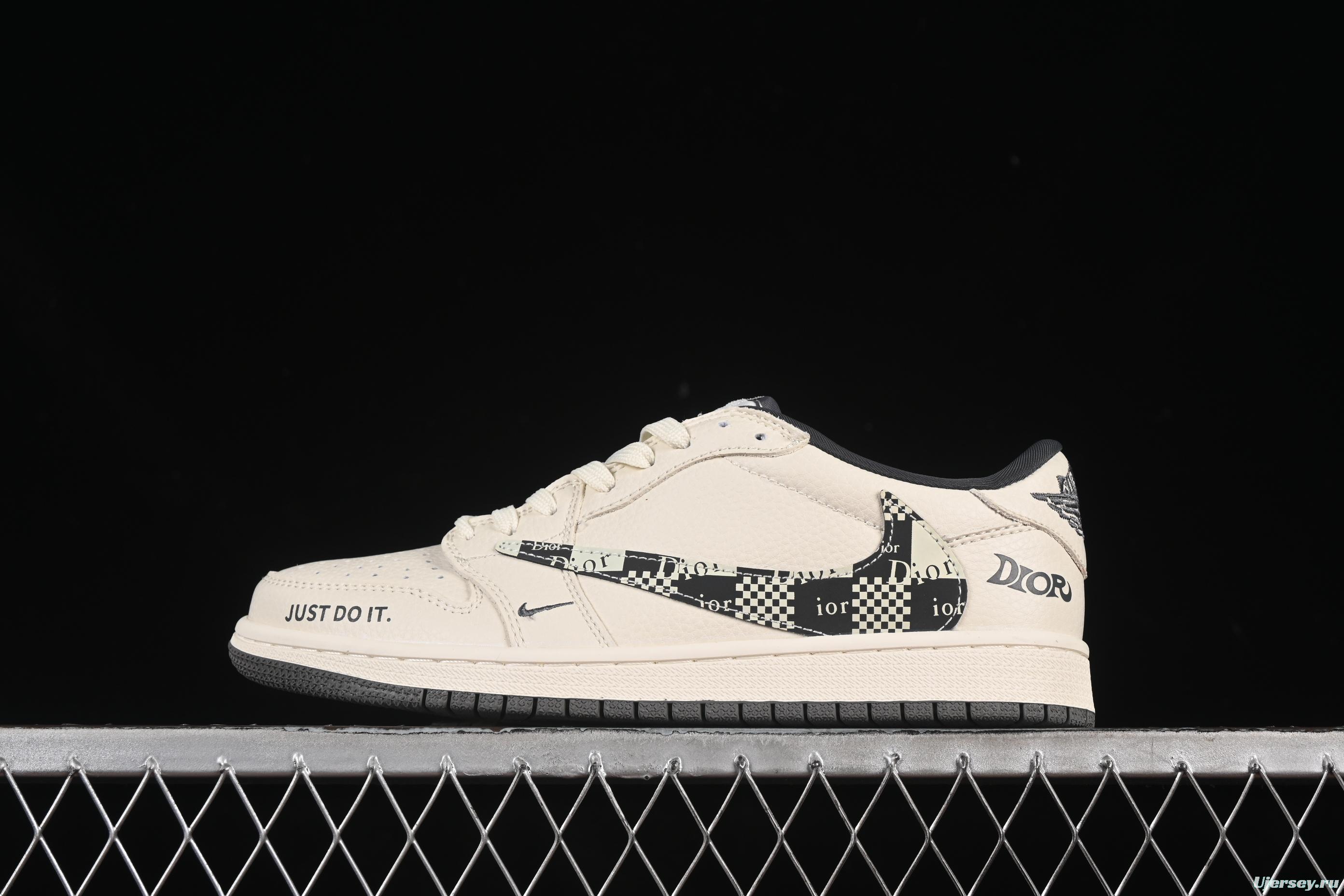 Nike Travis Scott x Fragment Design x Air Jordan 1 Low OG SP AJ1 Dior Collaboration Black Check Swoosh Low-Top Casual Sneakers - LD2025-021