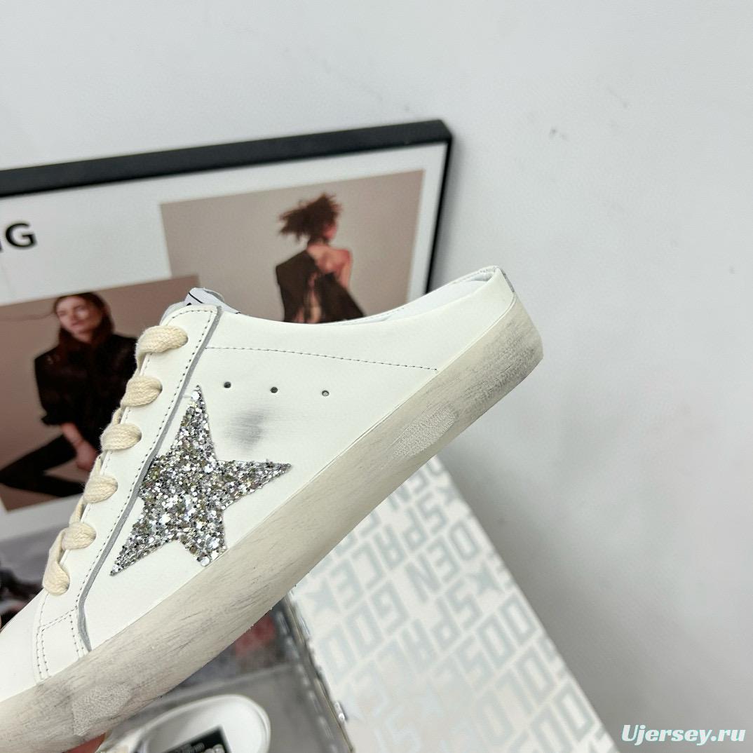 2025 Women GGDB White Silver Leather Suede Star Mules