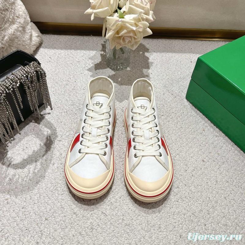 2025 Unisex Bottega Veneta White Red Canvas Leather Sneakers LY00