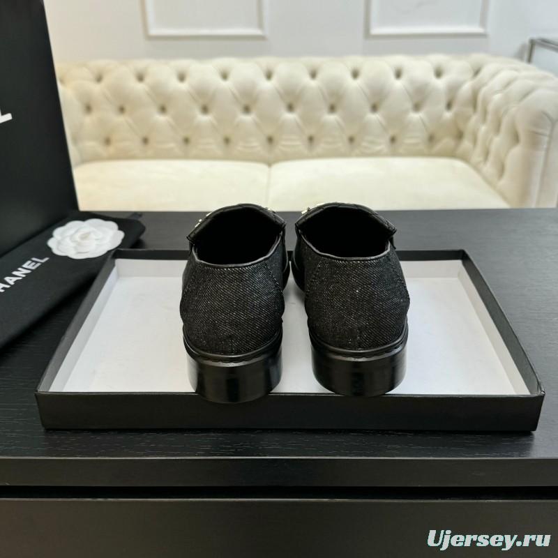 2025 Women Chanel Black Leather Canvas Loafers KFY00310