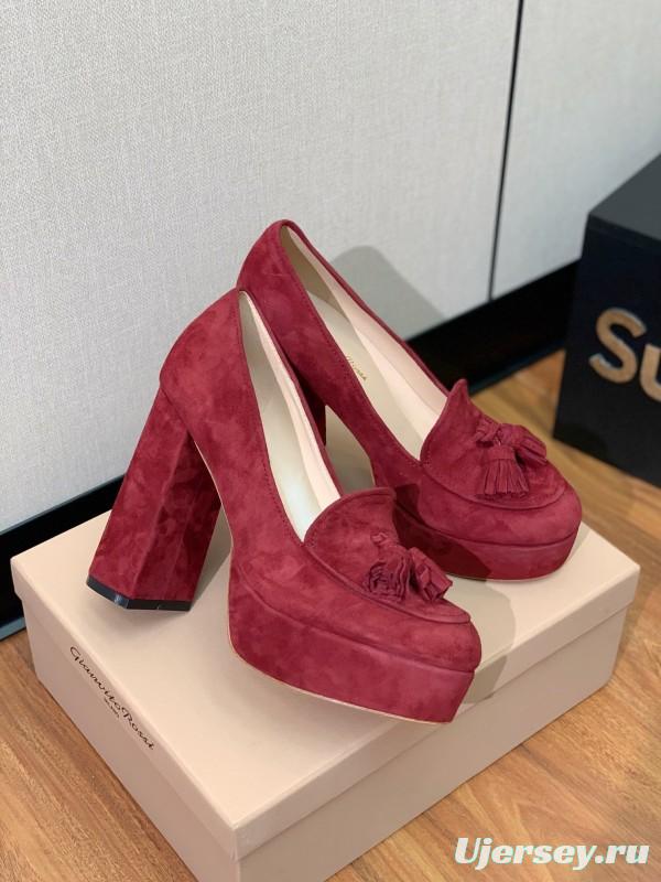 2025 Women Gianvito Rossi Red Suede Platform Loafers Tassel KFY00330
