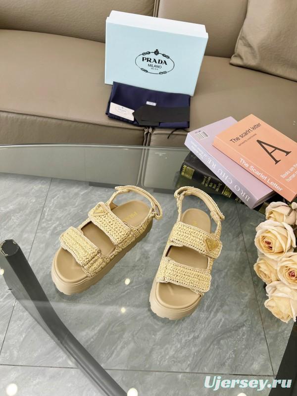 2025 Women Prada Beige Braided Leather Platform Sandals LY00300