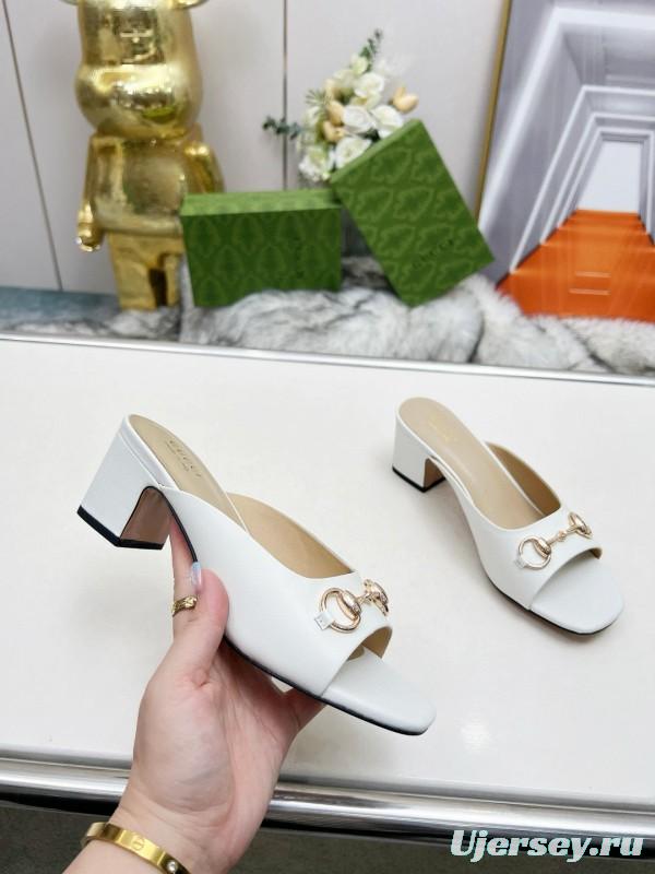 2025 Women Gucci White Leather Heeled Slippers MJ00180