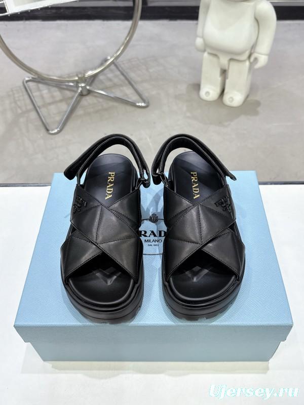 2025 Women Prada Black Leather Sandals
