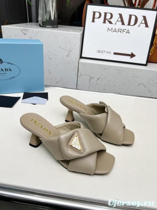 2025 Women Prada Beige Leather Mule Triangle Logo LY00270