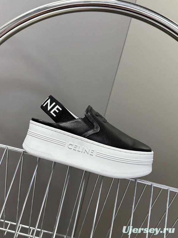 2025 Women CELINE Black White Leather Slip-On Sneakers LY00280