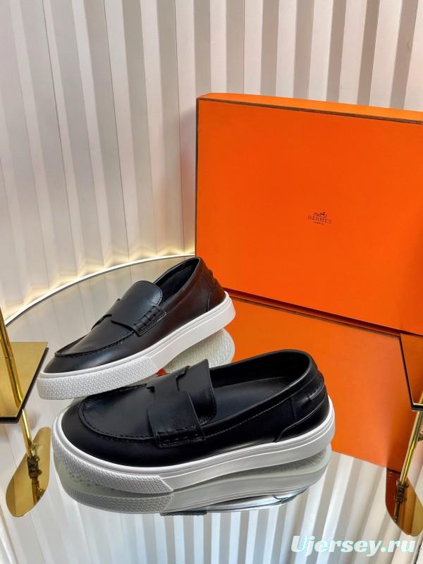 2025 Unisex Hermès Black Leather Fabric Loafers Slip-On LY00310(F)/LY00320(M)