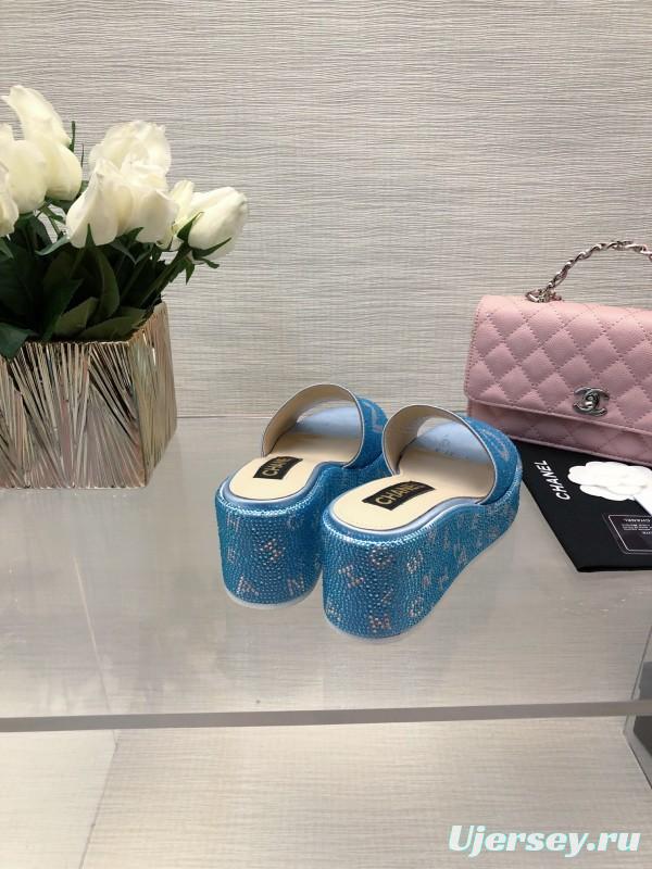 2025 Women Chanel Blue Fabric Platform Slippers LY00320