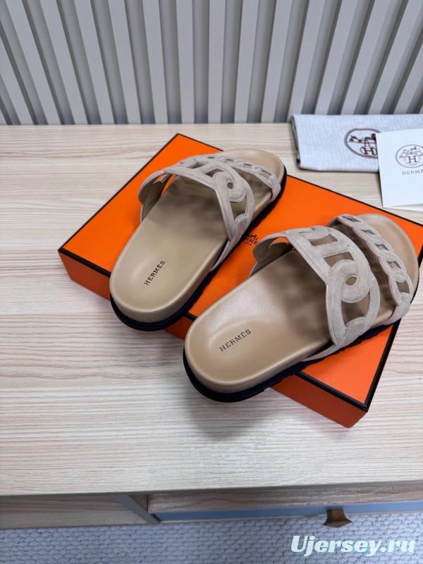 2025 Women Hermès Beige Suede Slippers