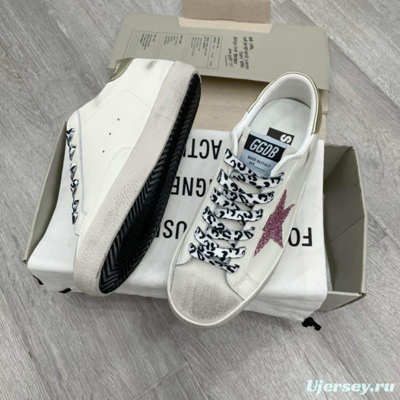 2025 Women GGDB White Pink Leather Sneakers Glitter Star