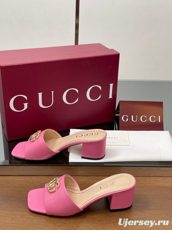 2025 Women Gucci Pink Lambskin Mid Heel Crystal GG Buckle Slide LY00280