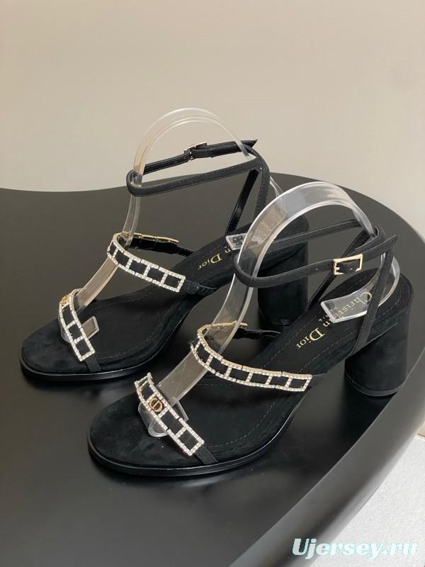2025 Women Dior Black Suede Crystal Embellished Strap Sandals