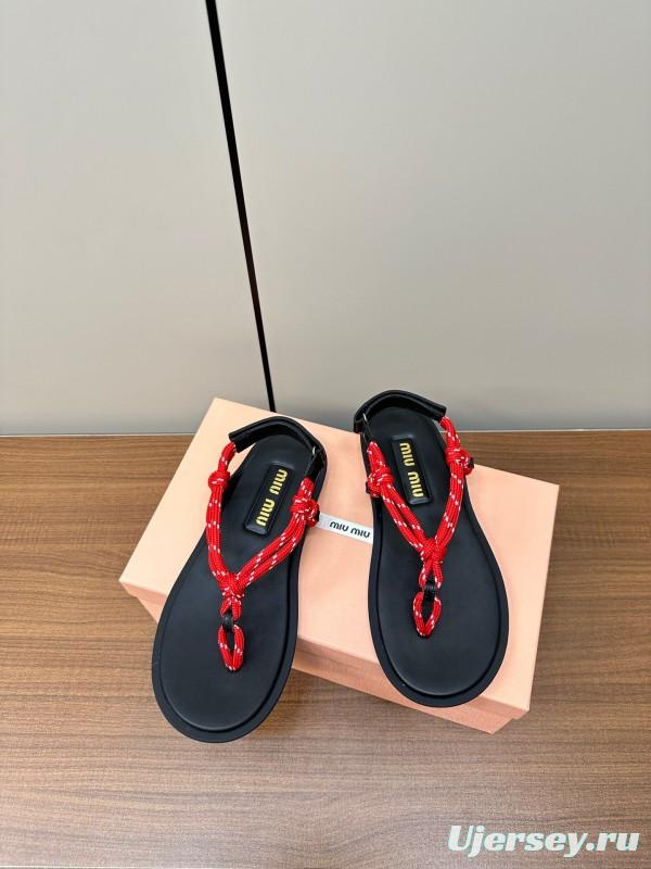2025 Women Miu Miu Black Red Leather Sandals