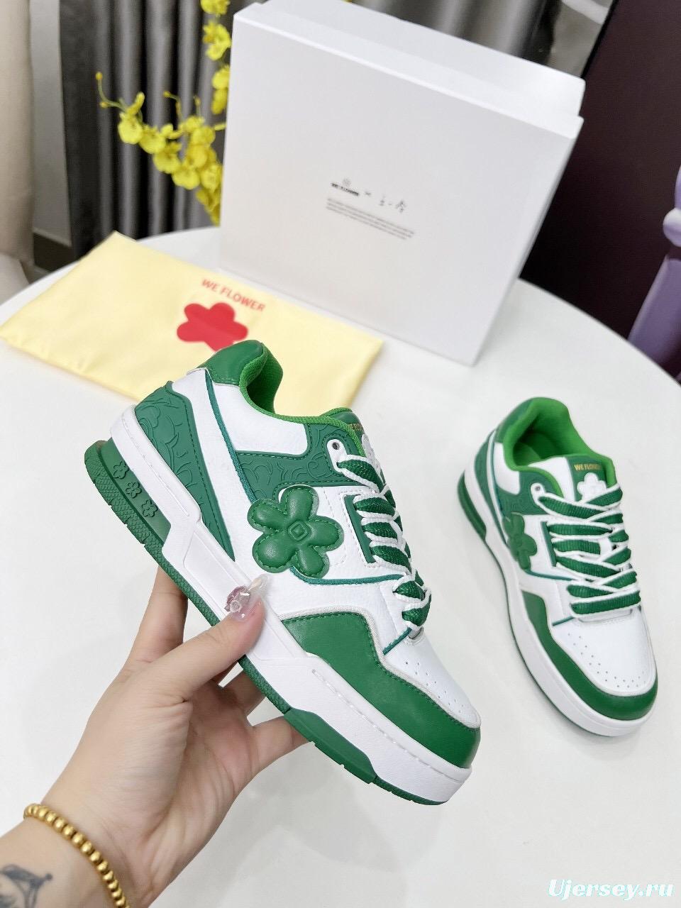 2025 Unisex WEFLOWER Green White Leather Sneakers LY00280