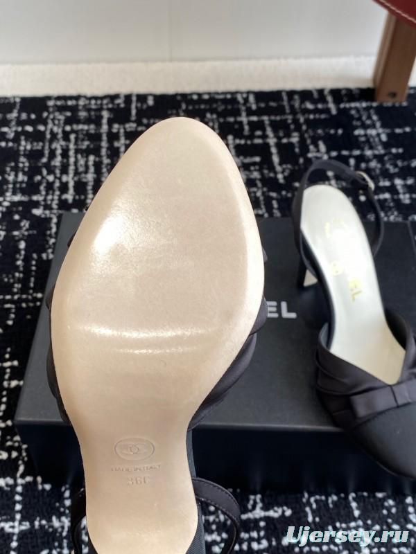 2025 Women Chanel Black Satin Leather High Heels Bow Slingback KFY00289