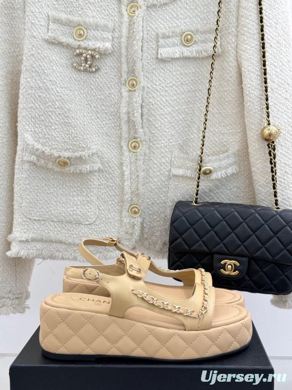 2025 Women Chanel Beige Leather Platform Sandals Chain KFY00270
