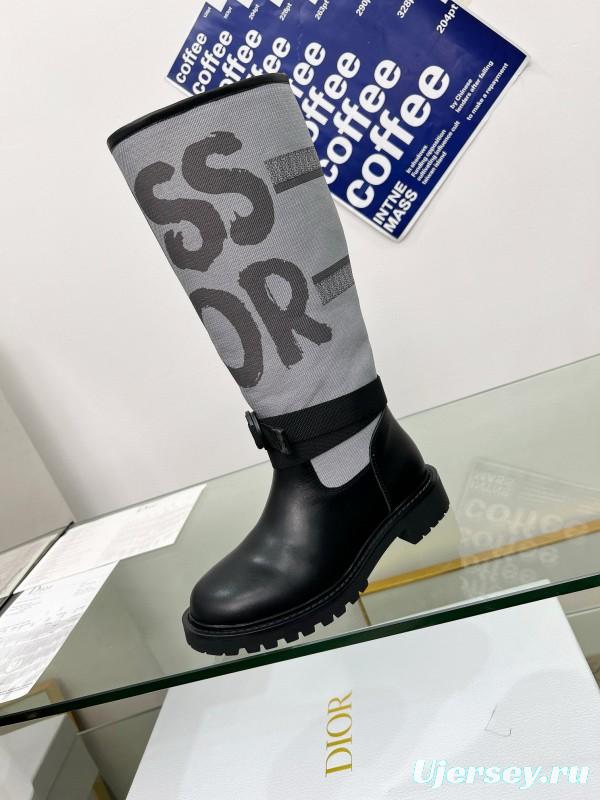 2024 Women Dior Black Grey Leather Fabric Knee High Boots