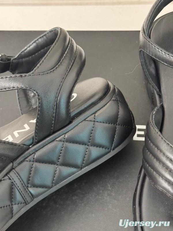 2025 Women Chanel Black Leather Sandals Platform