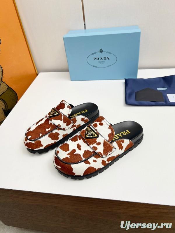 2025 Women Prada Brown White Cowhair Leather Slippers LY00270