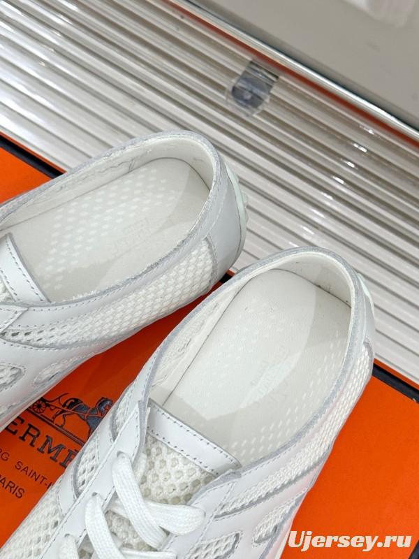2025 Women Hermès White Mesh Leather Sneakers