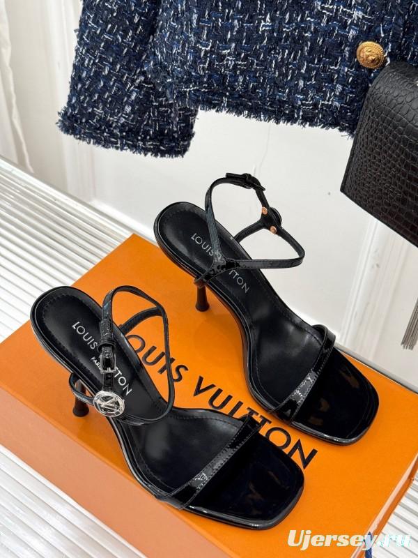 2025 Women Louis Vuitton Black Leather High Heel Sandals