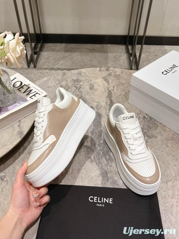 2025 Women Celine Beige White Leather Platform Sneakers