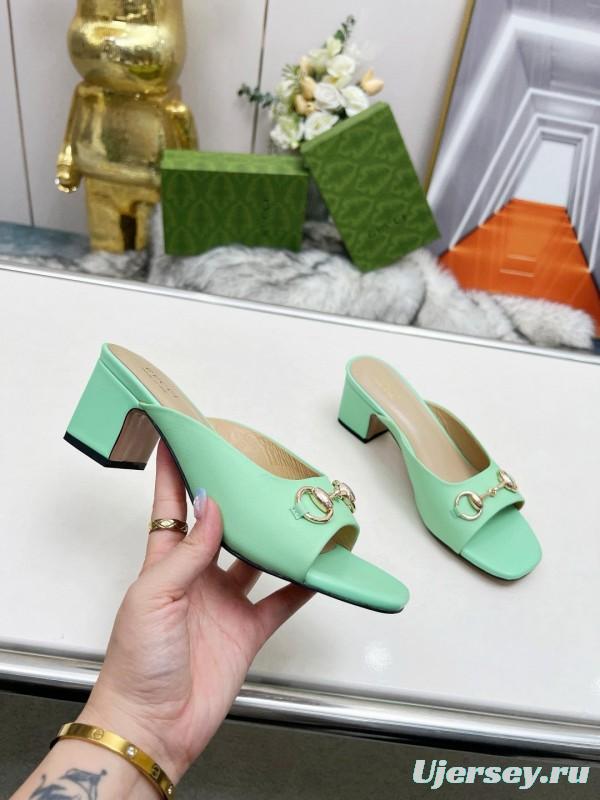 2025 Women Gucci Green Leather Heeled Slippers MJ00180