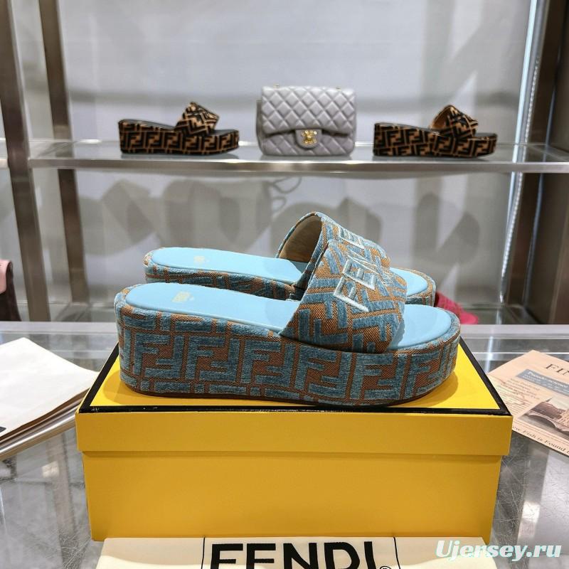 2025 Women Fendi Blue Brown Canvas Slippers