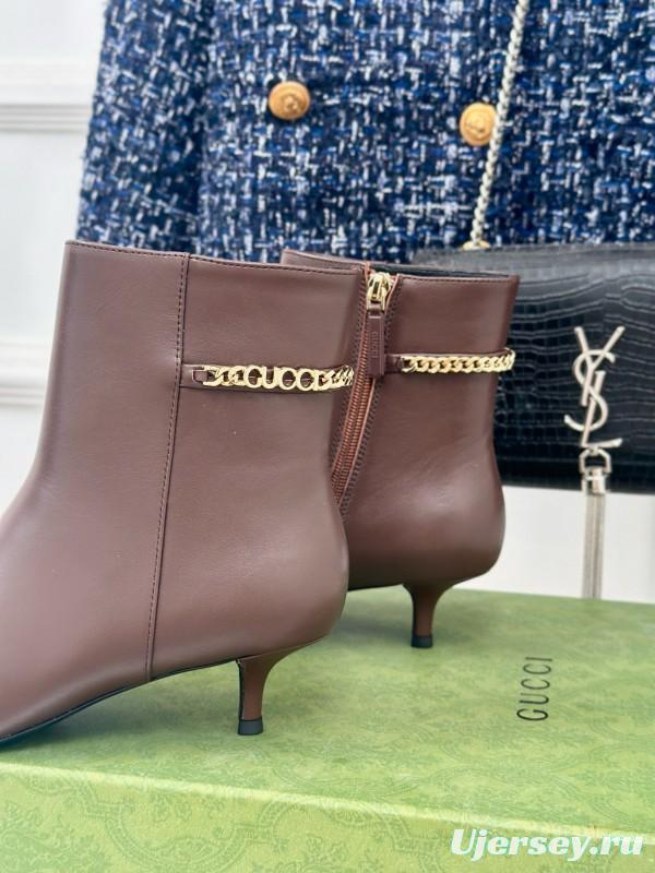 2024 Women Gucci Brown Calfskin Ankle Boots Chain Detail MJ00410