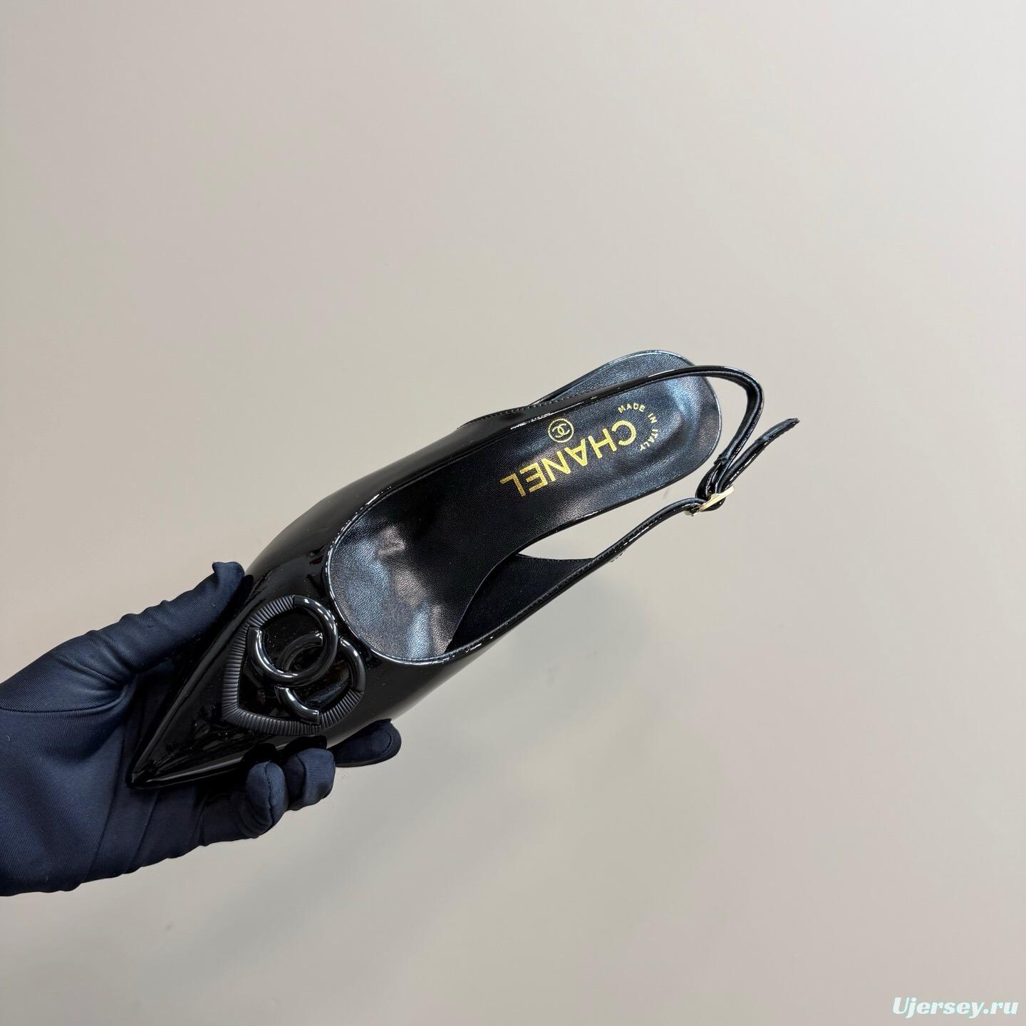 2025 Women Chanel Black Patent Leather Slingback Pumps