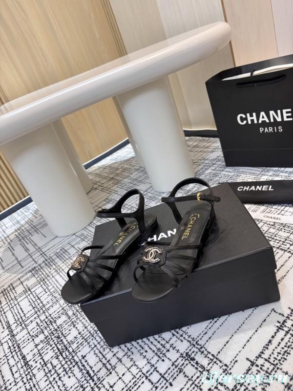 2025 Women Chanel Black Leather Sandals LY00270